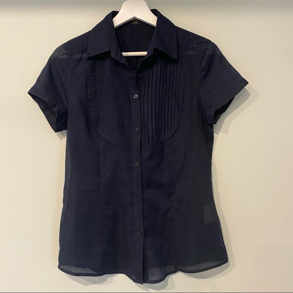 Tuxedo front, dark navy blouse